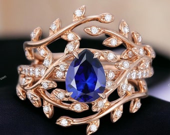 女性用ペアカットブルーサファイア結婚指輪セット ブルー宝石リング