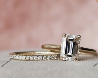 2ct Emerald Cut Hidden Halo Diamond Engagement Ring, Diamond Simulant Ring, Promise Ring, Unique Bridal Ring Set, Wedding Rings For Women
