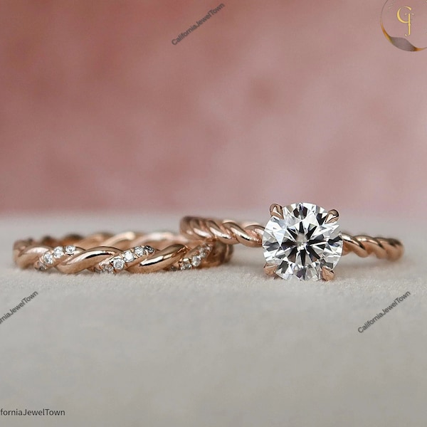 Vintage Moissanite Hidden Halo Engagement Ring Set, Round cut Moissanite Ring, Diamond Cluster Ring, Rose Gold Bridal Twisted Ring Band