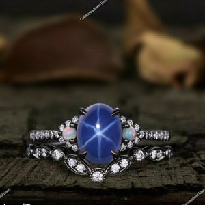 Vintage Blue Lindy Star Sapphire Opal Engagement Ring Set, Cluster Ring Art Deco Unique 2Pcs Bridal Ring Set, Wedding Anniversary Ring Set
