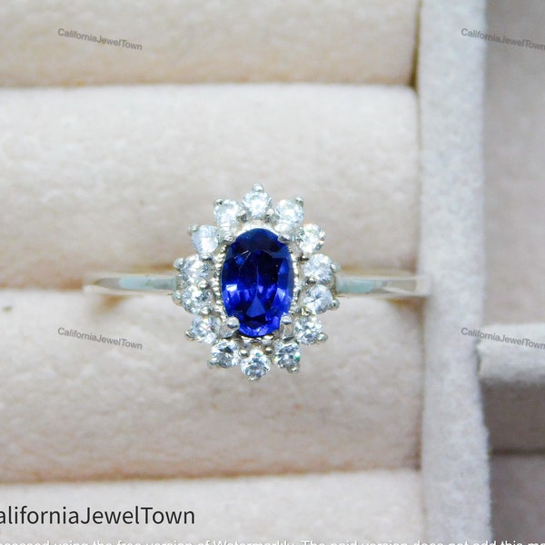 Princess Diana Blue Sapphire Ring, Blue Oval Cut Halo Engagement Ring, Royal Blue Sapphire Ring, Celebrity Ring, Anniversary Promise Gift