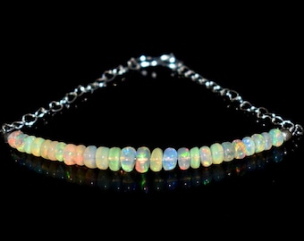 天然エチオピア産ファイヤーオパールビーズブレスレット - 925シルバー