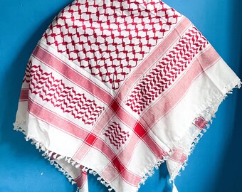 Authentic Keffiyeh Palestine Shemagh Red Embroidery Scarf, Cotton Arafat Hatta 48x48 Arab Style Headscarf for Men and Women, gift for nikah