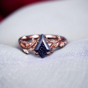 Kite cut Blue Galaxy Sandstone Engagement Eing  vitage Art Deco rose gold Nature Inspire Leaf Ring Women’s Nebula Ring Personalized Ring
