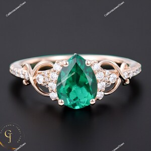 Emerald Engagement Ring, 14 Rose Gold Vintage Style Unique Art Deco Promise Ring, Emerald Anniversary Ring, Unique Bridal Wedding Ring,