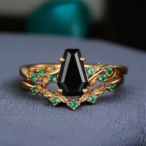 Gothic Coffin Shaped black onyx Engagement Ring Set, Vintage Black Onyx Wedding Ring Set 925 Silver Ring Set, Promise Ring Unique Bridal Set