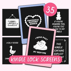 Puede incluir: Un conjunto de 35 diseños digitales de pantalla de bloqueo de Kindle con varias ilustraciones y texto. Algunos diseños incluyen una oca, un oso leyendo un libro y un corazón con el texto "Emotional Support Kindle".