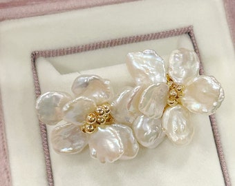 Pearl flower, camellia earrings, freshwater pearls