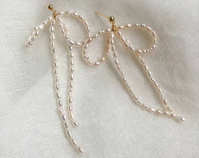 Featured listing image: Bow Pearl earrings, 3mm mini keshi, freshwater pearl earring