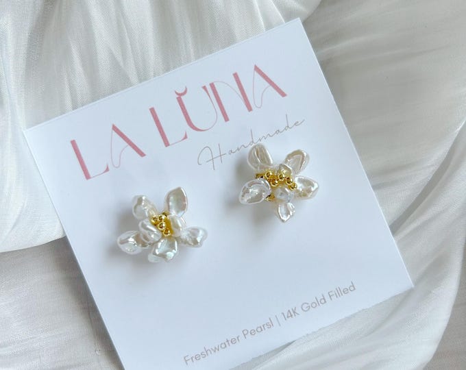 Featured listing image: Pearl flower, camellia earrings, freshwater pearls