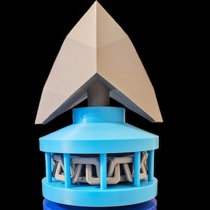 May include: A 3D printed model of a blue and grey weapon with a handle. The weapon has a cage-like structure and a pointed top.