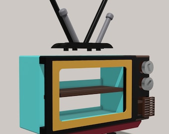 May include: A turquoise and yellow vintage-style television with black accents and a wooden shelf inside. The television has two black antennas and three black knobs on the side.