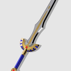 Könnte beinhalten: Ein Fantasy-Schwert mit silberner Klinge, goldenen Akzenten und einem blau-goldenen Griff. Der Griff hat einen roten Edelstein in der Mitte und einen blauen Griff. Das Design des Schwertes ist aufwendig und detailliert, was auf ein Rollenspiel- oder Fantasy-Thema hindeutet.