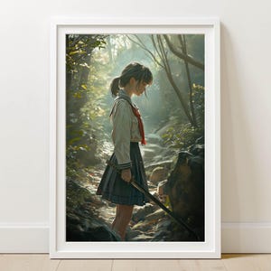 Anime girl with katana sword – fantasy forest warrior – in Japanese style – printable AI art, digital image – without white border