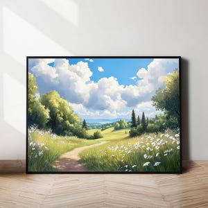 Summer landscape flower meadow & sky – nature wall art calm and bright – landscape poster – AI art – digital download – without white border