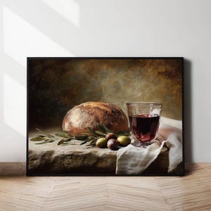 Still life with bread, wine & olives – Classic kitchen wall art – Rustic Mediterranean decor – AI art – Digital image – without white border
