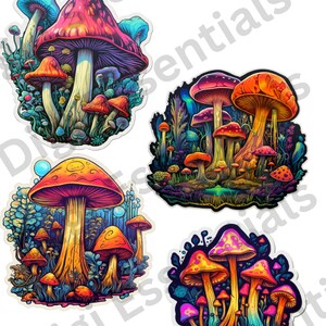 Colourful Mushroom stickers, acid trip mystical digital download sticker, Mushroom instant download stickers , 15 pcs