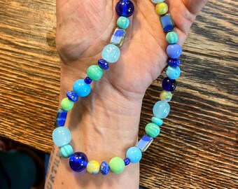 Blue Candy Crush Czech Glass Colorful Beaded Necklace