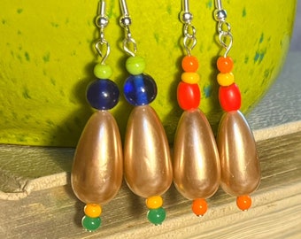 Gold Vintage Dangle Earrings: Gold Vintage Acrylic feature beads with smaller multi-colored Czech glass beads. Two choices for color themes!