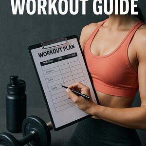 Może przedstawiać: Obraz z tekstem "PERSONALIZED WORKOUT GUIDE". Osoba trzyma w ręku schowek z formularzem "WORKOUT PLAN", pisząc długopisem. Widoczna jest również czarna hantla i butelka na wodę.