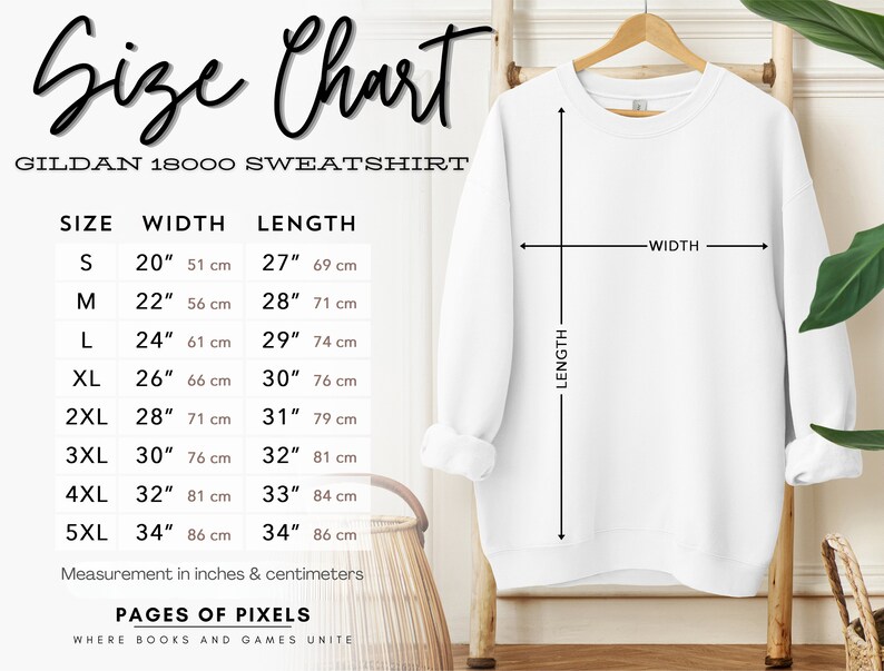 May include: Size chart for Gildan 18000 sweatshirts, showing width and length measurements in inches and centimetres for sizes S to 5XL.