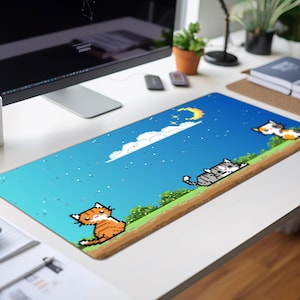 Pixel Cats at Dusk Desk Mat Video Game Desk Mat Pixel Art, Stardew Valley Art Style, Cat Desk Mat Pixel Cats at Twilight Cute Desk Aesthetic