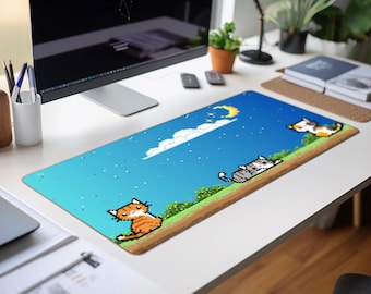 Alfombrilla de escritorio Pixel Cats at Dusk Alfombrilla de escritorio para videojuegos Pixel Art, estilo artístico de Stardew Valley, alfombrilla de escritorio con forma de gato Pixel Cats at Twilight Linda estética de escritorio