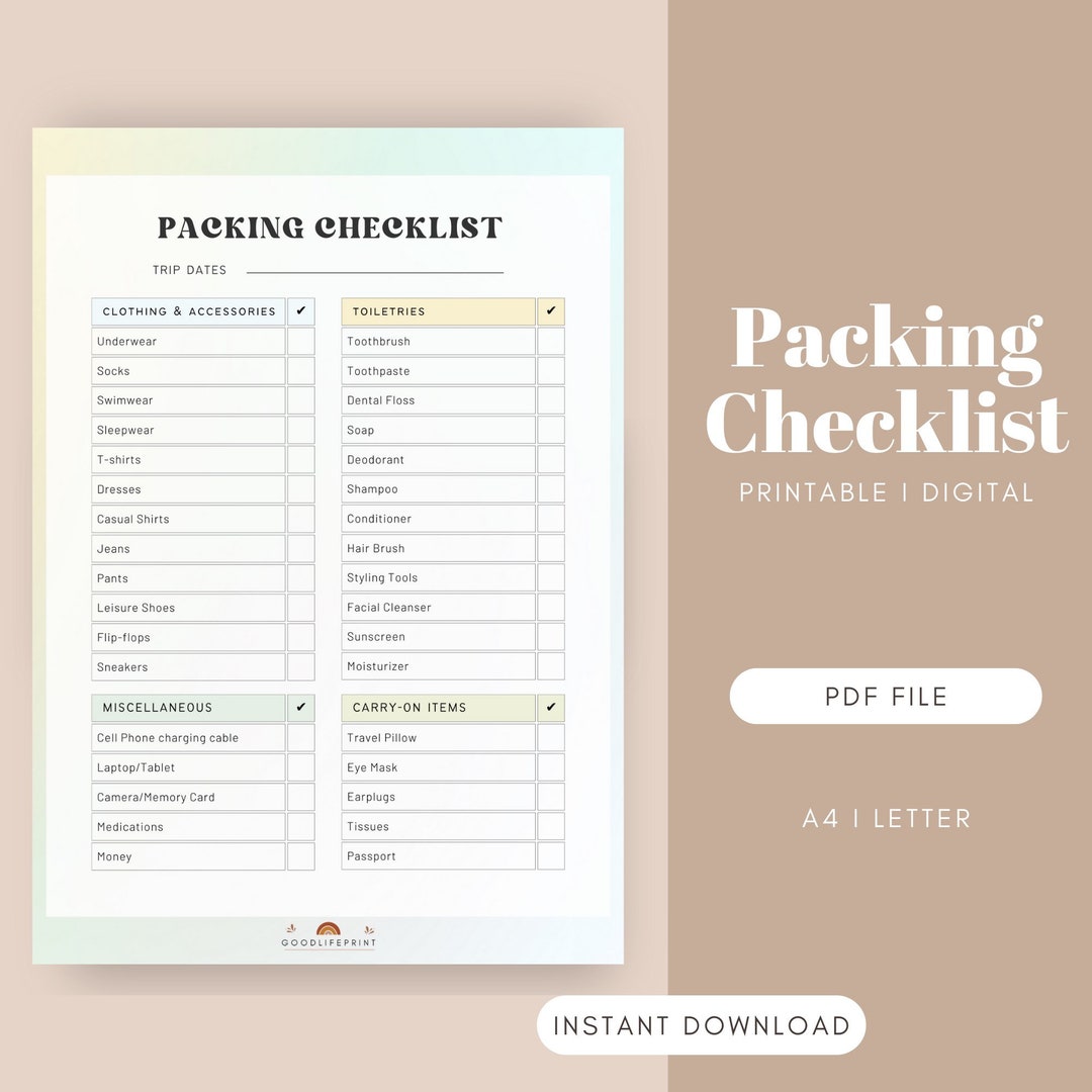 Travel Packing List Printable Instant Download, Vacation Planning ...