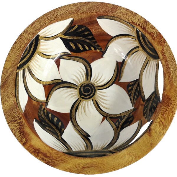 Hand Carved Wooden Bowl, made in Mexico Puerto Vallarta, Painted and  Lacquered Gold White Brown, Fruit bowl, Centre piece, Table decor