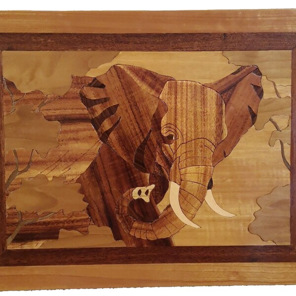 Wooden Marquetry Handmade Elephant With Tusks Picture Wall Hanging signed by maker, wood art, wood design, Elephant scene, Safari picture