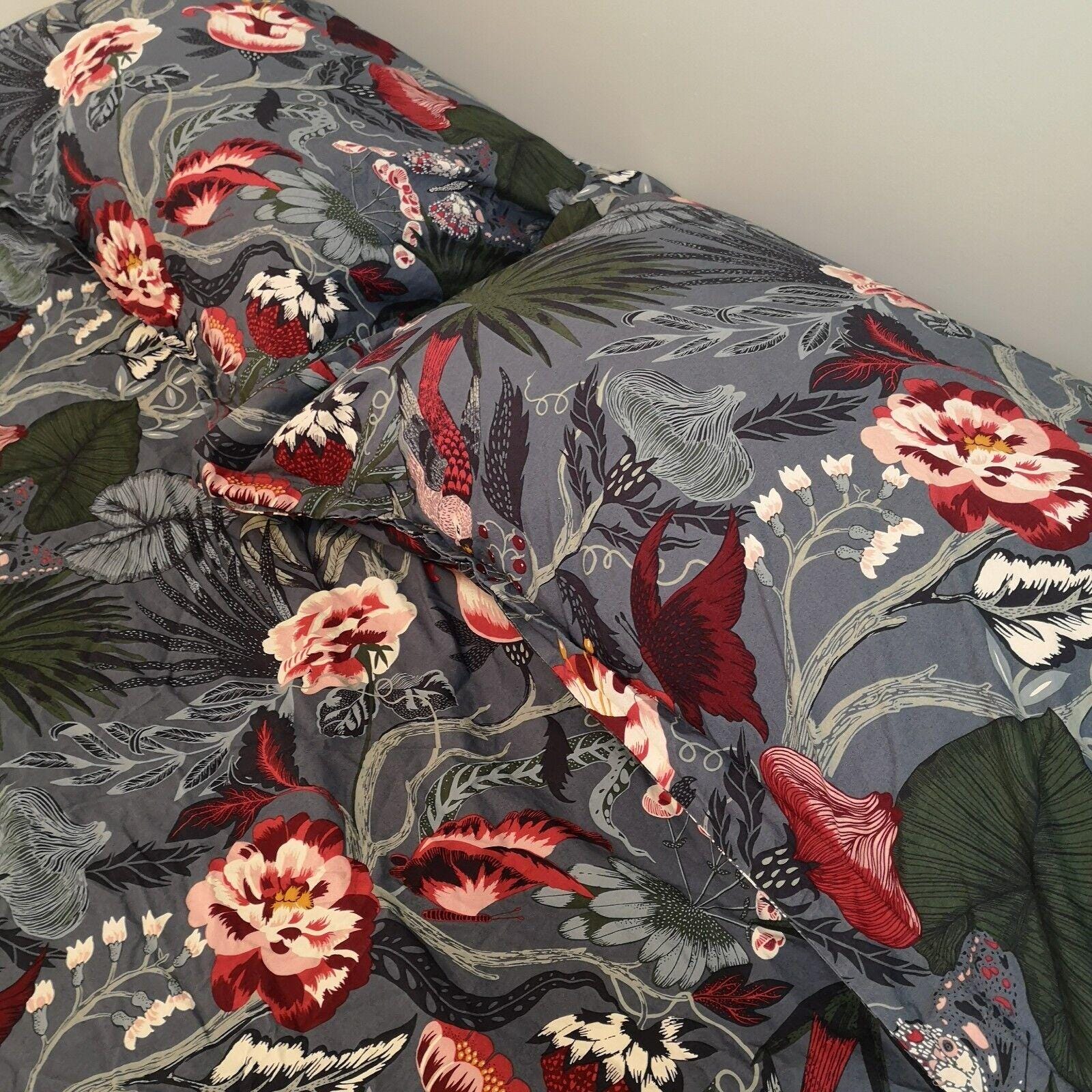 IKEA Filodendron Double Duvet Cover Set With Pillow Cases Blue Red Flowers  Birds Cotton Tropical 80"x80" - Etsy