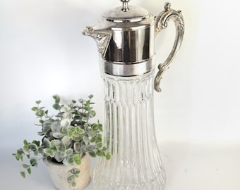 Large vintage Italian Wine Decanter, Crystal jug, Glass Pitcher, Cut Glass, Silver Plate Handle Decanter with lid, Lemonade Jug, Silver