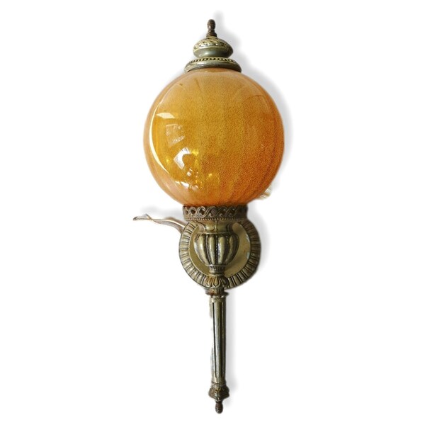 Vintage Amber glass wall sconce, Brass and gold glass wall light, Amber globe, Yellow light, wall mounted lamp, Patio lamp