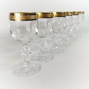 Vtg Gold Rimmed Etched Design 4.25&quot; Clear Crystal Cordial Liqueur Glass Set of 6, Vintage barware, Small shot, Celebration, Cheers glasses