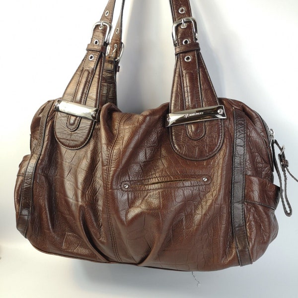 Brown Leather Crocodile Skin Pattern Shoulder/Hobo Bag, Leopard print lining, Designer B Makowsksy, Women's vintage handbag