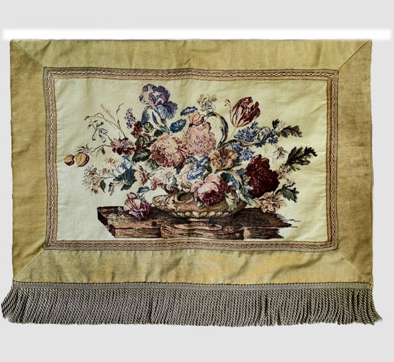 Vintage Tapestry Wall Hanging Gold Velvet Border With Tassel Trim and Braiding Rod Pocket Tapestry Floral Still Life Peonies and Orchids Etsy Canada