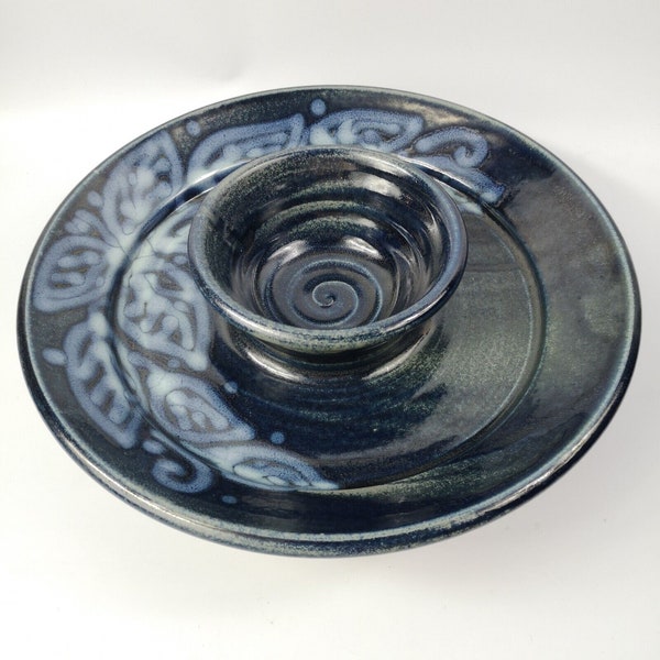 Lakeside Pottery Canada Handmade Pottery Chip Dip Tray, Deep Blue glaze, Leaf butterfly design, Party tray Server, Earthenware chip dip tray
