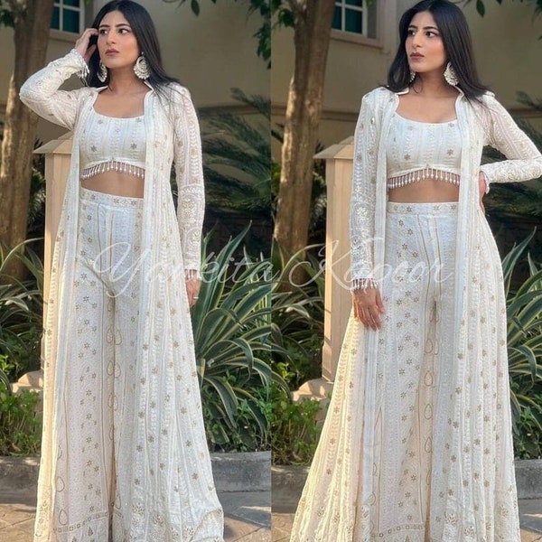 Indian Designer White Crop top and palazzo, Heavy Embroidered 3Pc Pakistani Salwar kameez Readymade Jaipuri White Shrug sharara Gift For Her