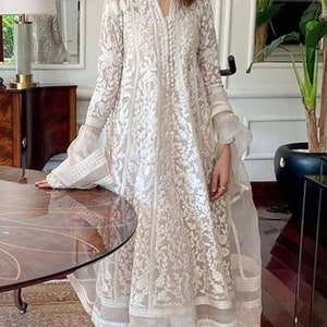 Indian White Organza Nylon Flared Long Gown With Dupatta, Traditional Party Wear, Pakistani Beautiful Ruffled Maxi Outfit for Women ISW40