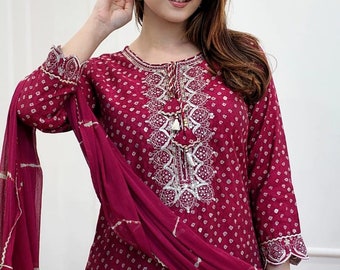 Best Selling Indian Red Embroidered 3 pc Long Flared Anarkali Suit set, Jaipuri Kurti Tunic set for Women, Handmade Kurti Set For Womn