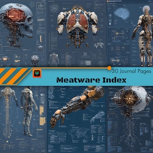 May include: A digital art print featuring a futuristic, mechanical theme. The image showcases robotic anatomical models, including a skull and torso, with intricate internal structures. The text "Meatware Index" and "30 Journal Pages" are also visible.