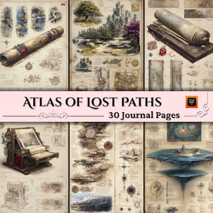 Fantasiekaartpagina's, Junk Journal Kit, geheimzinnig plakboekpapier, magische collagevellen, DnD-rekwisieten, gaming-extra's, mythische wereldbouw