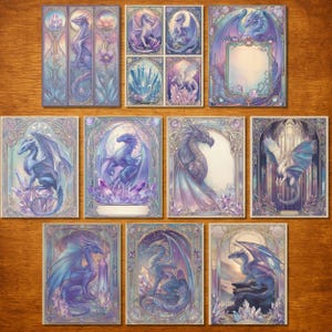 May include: A collection of fantasy art cards featuring dragons in shades of blue, purple, and white. Each card showcases a different dragon design, set against a backdrop of crystals and ornate frames. The artwork has a stained-glass window aesthetic.