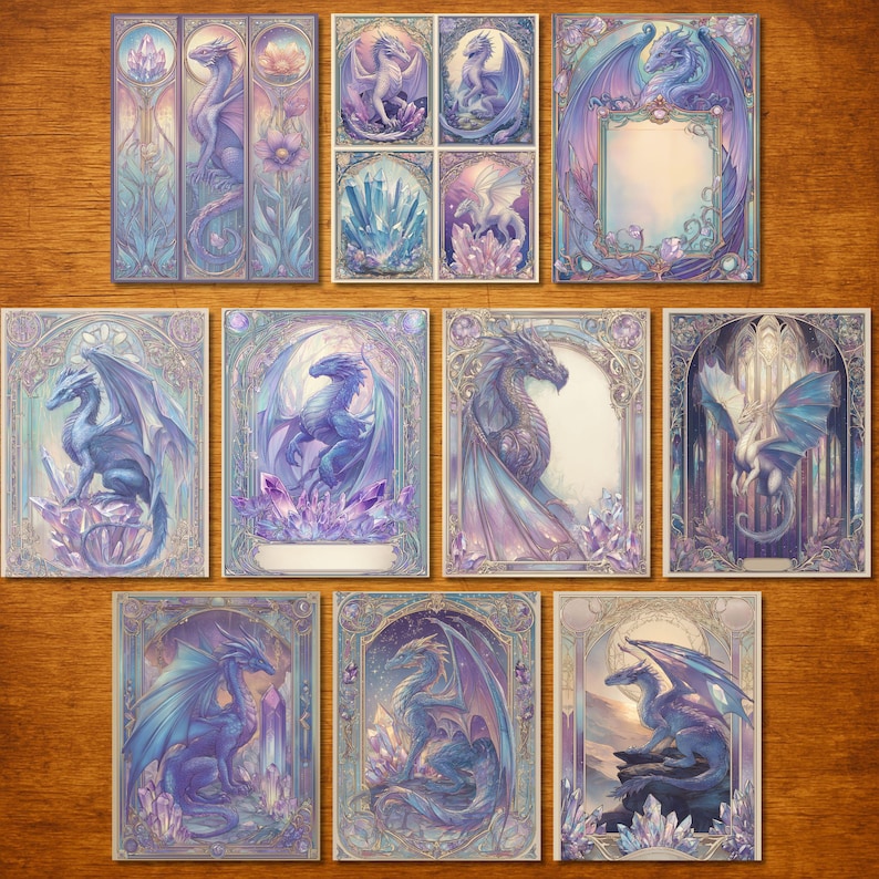 May include: A collection of fantasy art cards featuring dragons in shades of blue, purple, and white. Each card showcases a different dragon design, set against a backdrop of crystals and ornate frames. The artwork has a stained-glass window aesthetic.