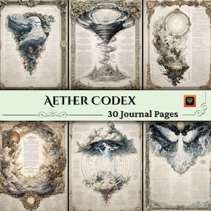 May include: A collection of six framed journal pages with intricate illustrations and text. The artwork features a variety of celestial and fantastical imagery, including swirling clouds, angels, and architectural elements. The title "Aether Codex" and "30 Journal Pages" are displayed.