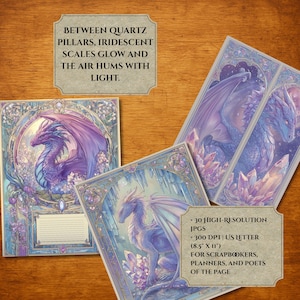 May include: Several fantasy art prints featuring dragons in shades of purple and blue. The prints have ornate borders and include text that reads "Between Quartz Pillars, Iridescent Scales Glow and The Air Hums With Light."