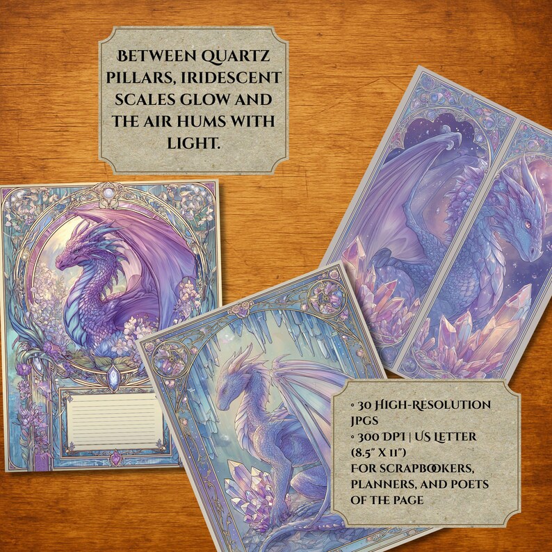 May include: Several fantasy art prints featuring dragons in shades of purple and blue. The prints have ornate borders and include text that reads "Between Quartz Pillars, Iridescent Scales Glow and The Air Hums With Light."