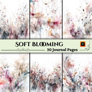 Zacht bloeiend dagboekpakket, pagina's met abstracte aquarelbloemen, blush en mist afdrukbaar papier, plakboekset voor ongewenste dagboeken, 30 jpg-bladen