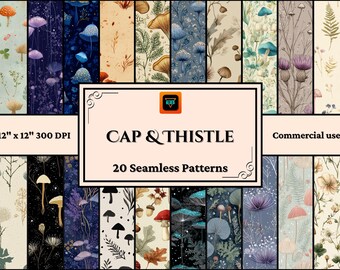 May include: A collection of 20 seamless patterns, each 12" x 12" at 300 DPI, featuring botanical designs with mushrooms, thistles, and other natural elements. The patterns are in various colors, including blue, brown, and purple. The text "CAP & THISTLE" is displayed.