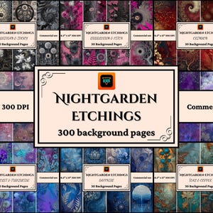 Może przedstawiać: Kolekcja cyfrowych stron tła "Nightgarden Etchings", o wymiarach 27,9 cm x 21,6 cm przy 300 DPI. Strony prezentują różne palety kolorów i wzory, w tym Obsidian & Ivory, Bubblegum & Pitch, Crimson, Violet & Turquoise, Sapphire i Teal & Copper.